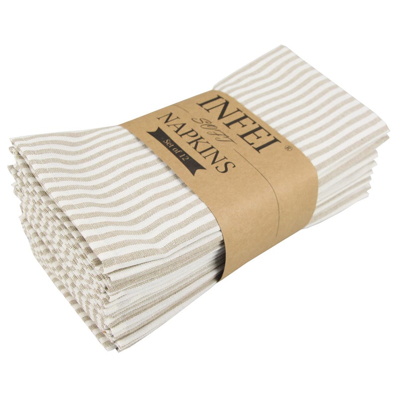 INFEI Plain Striped Cotton Linen Blended Dinner Cloth Napkins - Set of 12 (40 x 30 cm) - for Events & Home Use (Beige) - Image 1